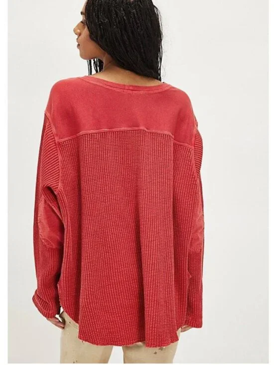 Free People One red Blake boxy cut thermal waffle knit long sleeve XS - Picture 2 of 6